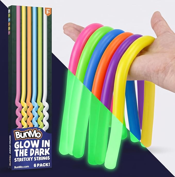 BUNMO Sensory Toys Stretchy Strings for Toddlers 3+ - Stimulating & Addictive Fidget Toys for Kids - Hours of Fun for Kids - Non-Mouthable Toy 3+ - Glow 6 Pack