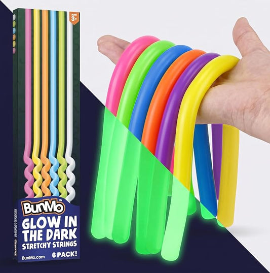 BUNMO Sensory Toys Stretchy Strings for Toddlers 3+ - Stimulating & Addictive Fidget Toys for Kids - Hours of Fun for Kids - Non-Mouthable Toy 3+ - Glow 6 Pack