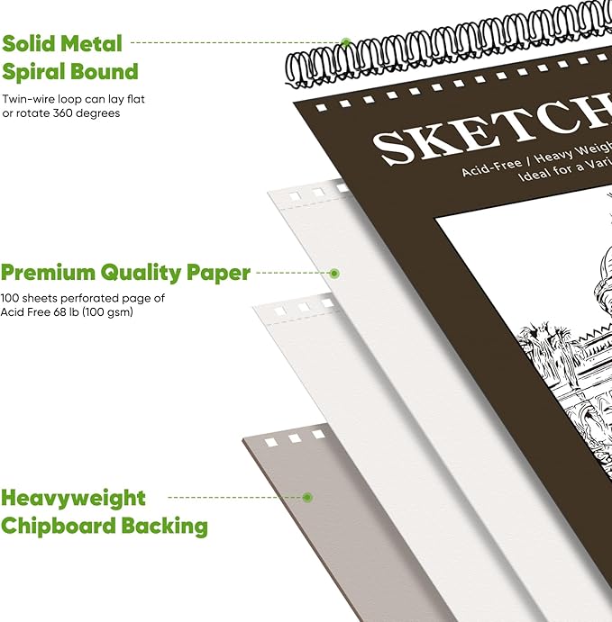 Soucolor 8" x 10" Sketch Book, 100 Sheets (68lb/100gsm) Acid-Free Drawing Paper, Spiral Bound Sketch Pad for Artist Adults Teens Kids, Art Supplies for Drawing Painting, Gift for Kids