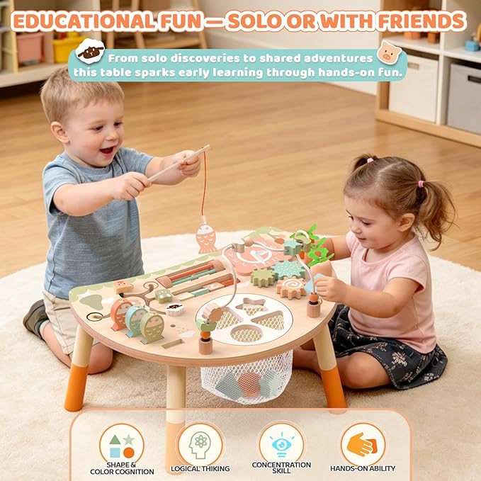 Wooden Activity Table for Toddlers 1-3, 9 in 1 Montessori Sensory Table with Bead Maze Shape Sorter Fishing Game, Baby Activity Table Learning Toys for 1 2 3 Year Old Boys Girls