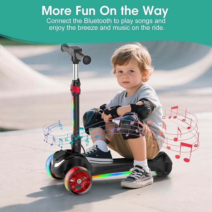 Electric Scooter for Kids Ages 3-8, 3 Wheels Electric Scooter, Electric Kick Scooter with 2 Speeds, Long Battery Life, Flashing LED Wheels, Adjustable Height, B2 with Bluetooth Music for Boys/Girls