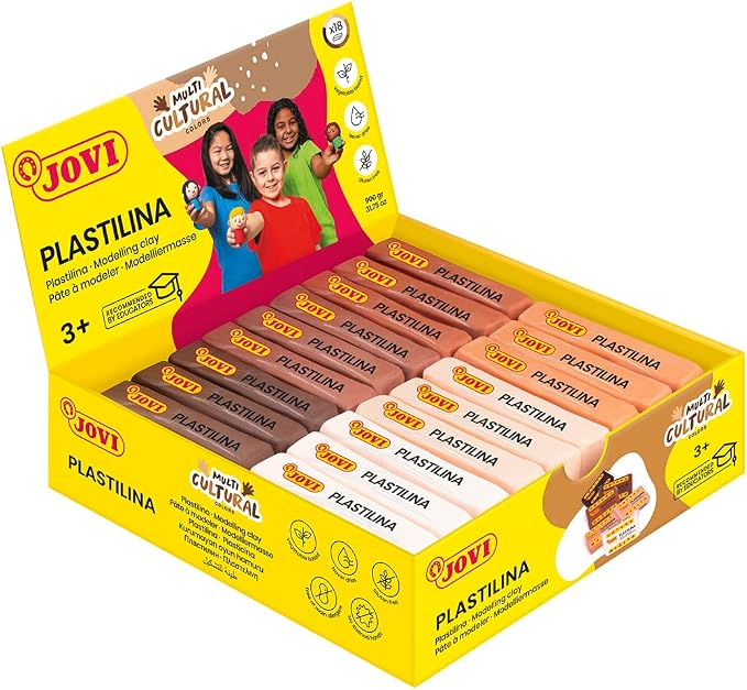Jovi - Non-Hardening Modeling Clay Set, 18 Bars, 6 Multicultural Colors | Non-Staining, Easy Clean Up, Vegetable-Based Creative Clay, gluten-free