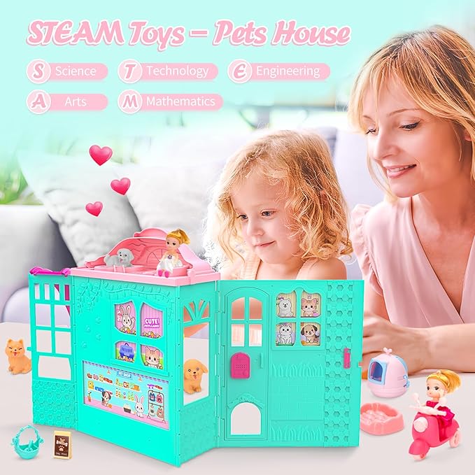 Dollhouse of Pets Toy Play Set, Foldable Pets Doll House with 31PCS Includes 2Dolls, Motor, Pool, 6Little Pets, Slide and Sounds, Pretend-Play Toddler Playhouse Ideal Gift for Children aged 3+
