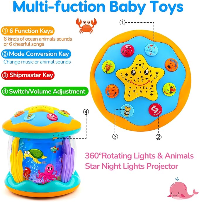 Tsomtto Baby Toys Ocean Projector Rotating Musical Light Up Tummy Time Toys for Infants Baby Aquarium Crawling Toys Newborn Boy Girl Birthday Shower Gifts