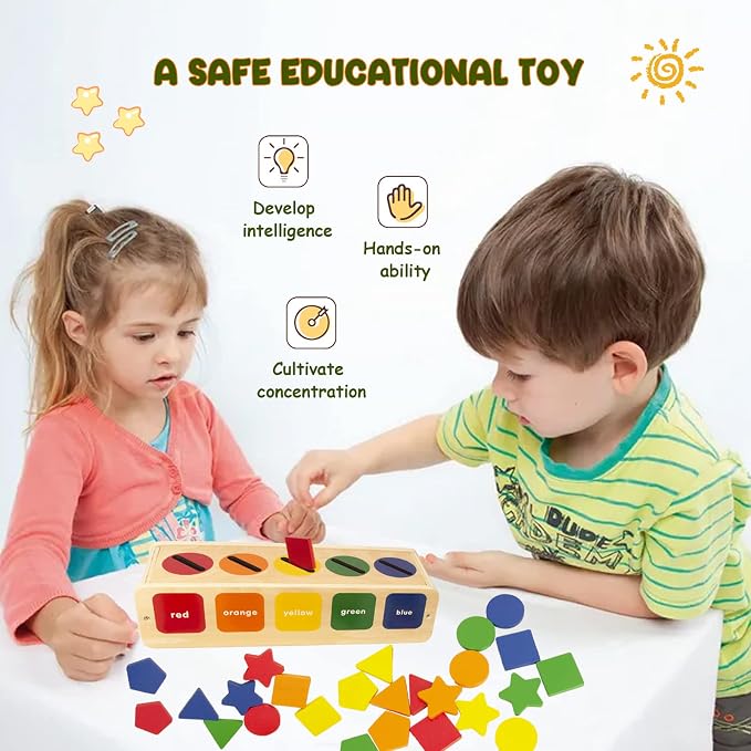 WOODENFUN Color Shape Sorting Toy for Toddler, Wooden Montessori Shape Sorter Color Matching Box Game, Learning Sensory Toys Gift for Boy Girl 3 Year Old
