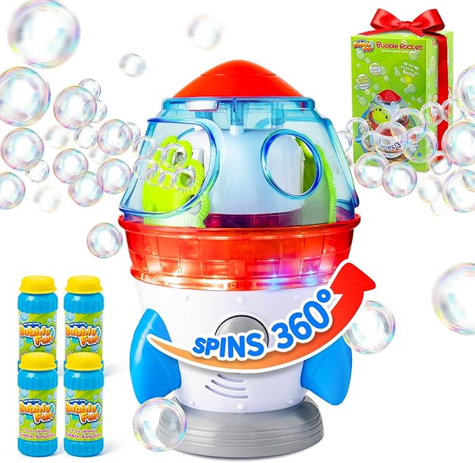Rocket-Shaped Bubble Machine for Kids & Pets - Dual Powerful Bubble Outlets, Automatic 360° Rotation, Adjustable LED Lights & Music – Ideal for Indoor/Outdoor Birthday Parties