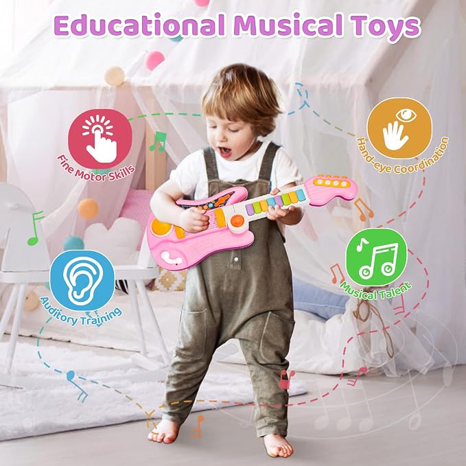 Kids Guitar 2 in 1 Musical Instruments for Kid - Fun Piano Toddler Toy & Electric Guitars | Explore Creativity | Unleash Child’s Talent, Music Toys for Boys & Girls (Pink)