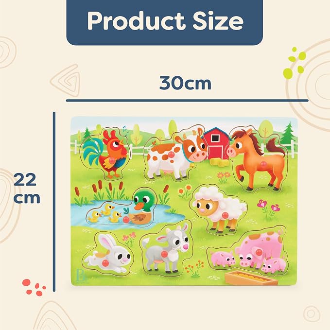 B. toys – Peek & Explore – Farm Animals – Wooden Peg Puzzle – Toddler Puzzle with 8 Animal Pieces – Cow, Horse, Sheep & More – 2+ Years