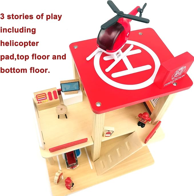 Wooden Fire Station Playset, Multicolor 3-Level Pretend Play Dollhouse with Figures, Truck, Helicopter and Accessories, Preschool Learning Educational Toys for Toddlers Kids Age 3 and up