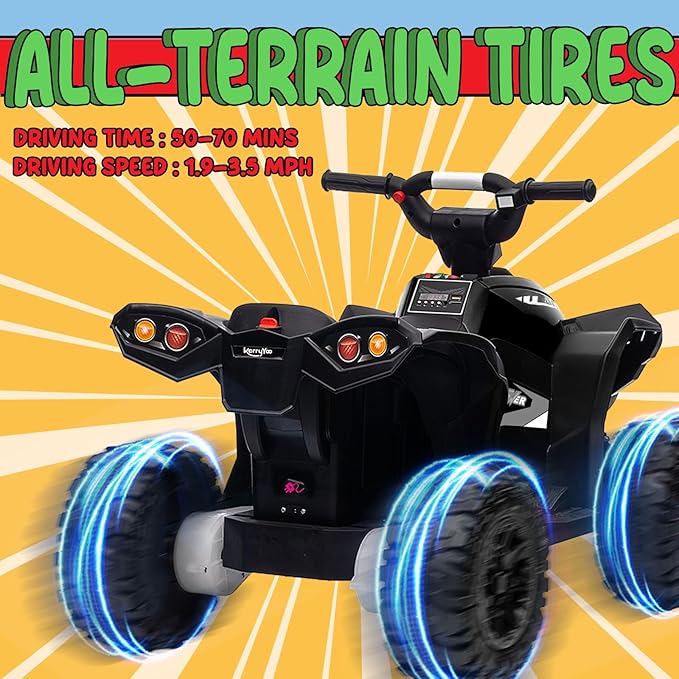 KerryYoo AT2 Kids ATV,12V 4 Wheeler for Kids 3-6,Electric Toddler Ride On Toys,Remote Control, High/Low Speeds, LED Lights, Bluetooth, and Off-Road Tires - Black