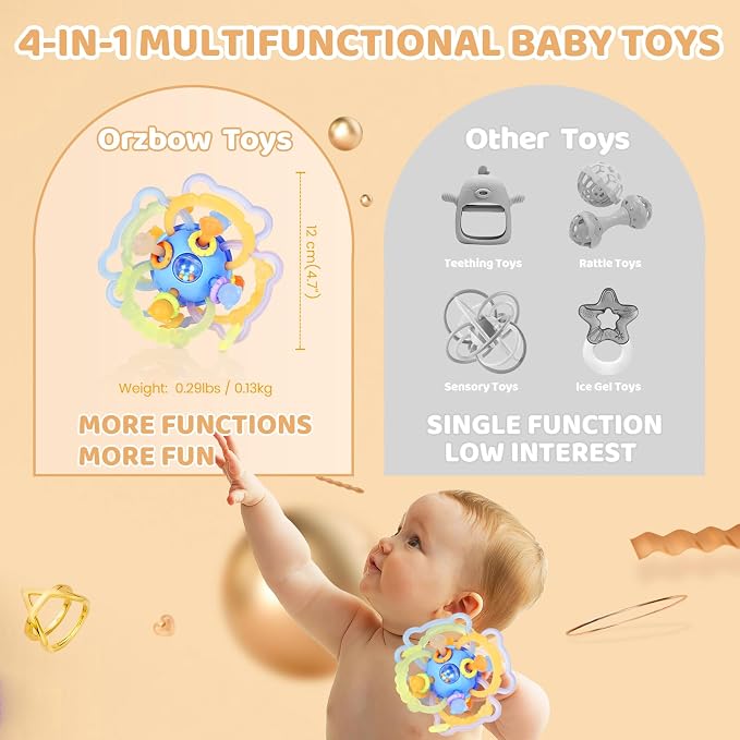 Baby Rattle Teething Toys, Baby Ball Teether Toys for 0 3 6 9 12 18 Months, Silicone Montessori Teethers with Rattle Ball for Newborn Infant, Sensory Delopmental Gift for Boys Girls, Blue