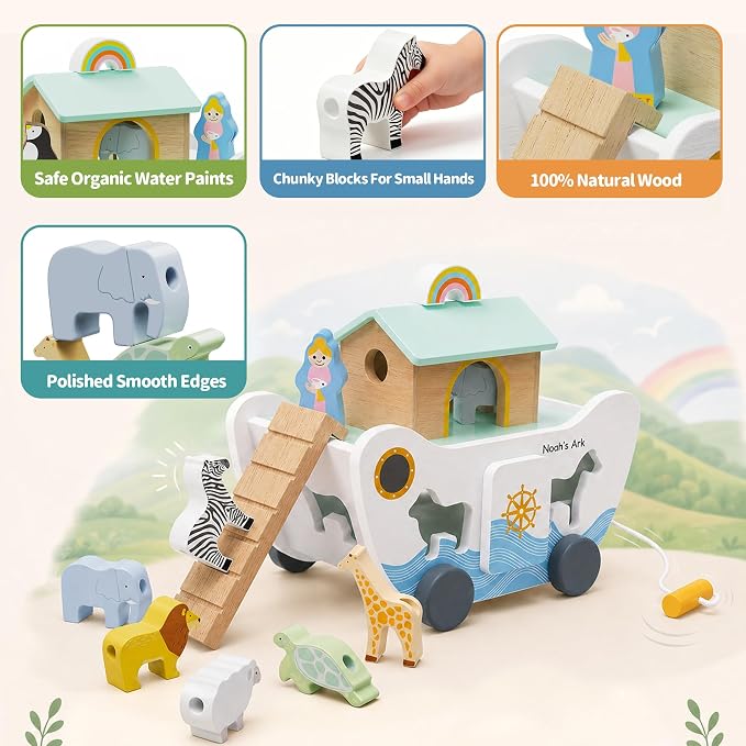 HASHMUST Wooden Noah's Ark Toy for 1 Year Old Baby Boy and Girl Gift - Pull Along Toddler Montessori Toy with Animal Shape Sorter Stacker for 1-3 Christmas Birthday Preschool Baptism Gift