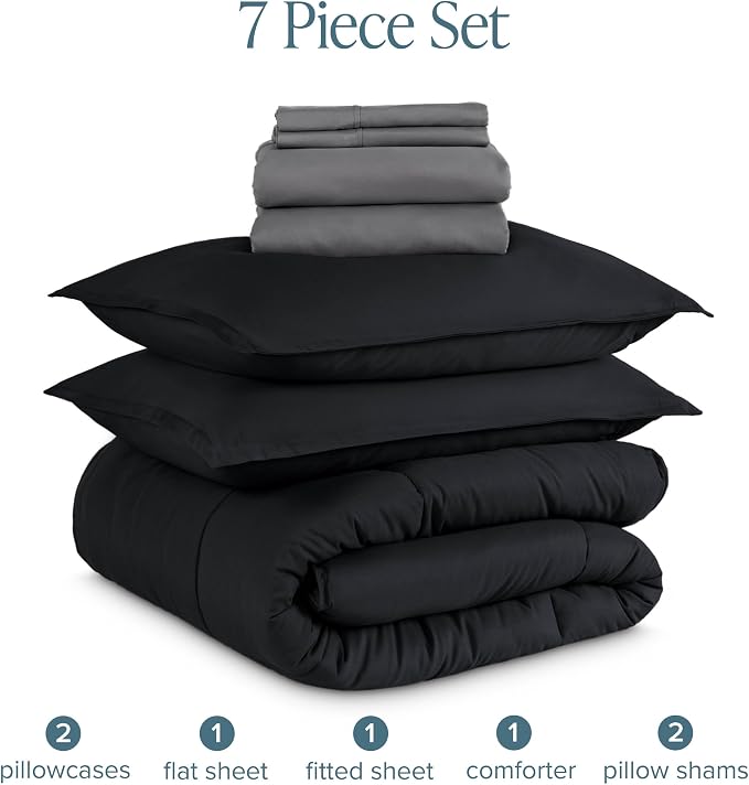 Bare Home Bed-in-A-Bag 7 Piece Comforter & Sheet Set - Queen - Goose Down Alternative - Ultra-Soft 1800 Premium Bedding Set (Queen, Black/Grey)