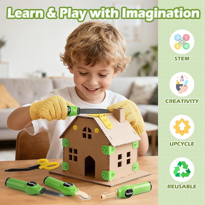 Vanplay Cardboard Cutter for Kids - Cardboard Tools for Kids, Cardboard Cutting Tool Set with Fold-Roller & Gloves, STEM Educational Construction Toys Gift for 5-9 Year Old Boys Girls