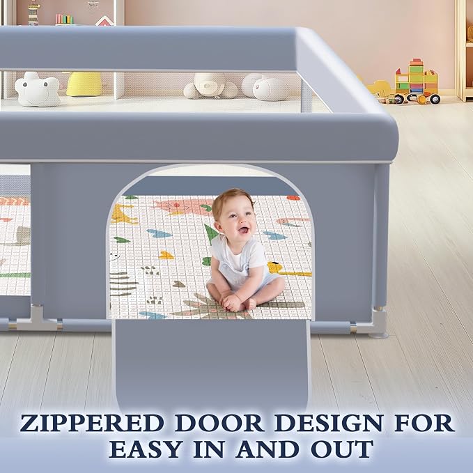 XVISHX 65 x 50 Inch Baby Playpen with Mat, Playpen for Babies and Toddlers, Baby Play Pen Playard for Indoor & Outdoor Active Center Game Fence, Skin-Friendly Fabric and Soft Breathable Mesh, Grey