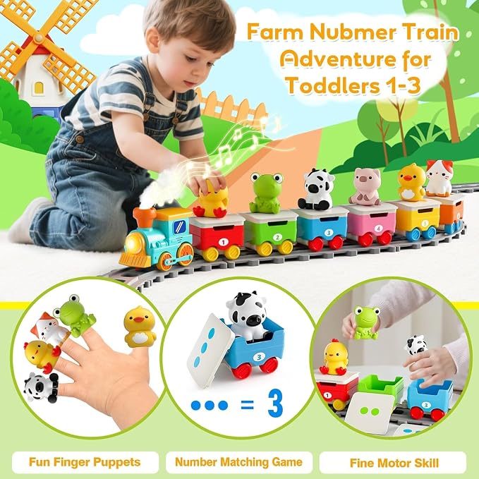 Farm Animal Train Toys for Toddlers 2-4, Kids Electric Train Set with Music, Steam & Lights, Montessori Learning Toys with Finger Puppets, Christmas Birthday Gifts for Boys Girls Age 18 Months+