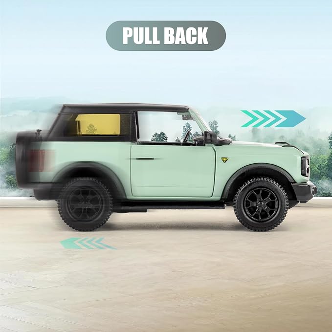 1:36 Ford Bronco Badlands 2dr Toy Car, Diecast Pull Back Model Car, Doors Open, Collection Kids Toy for Aged 3 and up, Mint Green