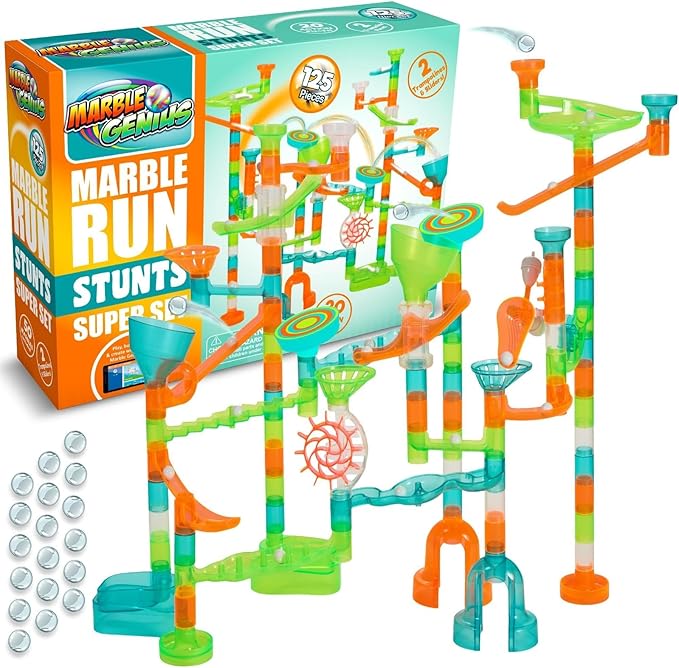 Marble Genius Marble Run Stunts Super Set: 125 Pieces Total, 20 Action Pieces Including 2 New Trampolines, Free Online App and Full-Color Instruction Booklet, Made for Ages 5 and Up