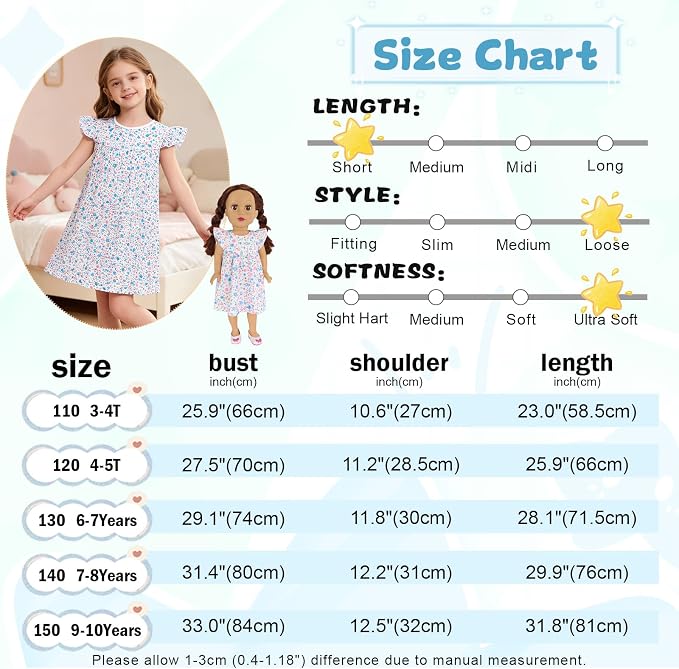 AmzBarley Matching Doll & Girl Pajamas Girls Nightgowns Sleepwear Night Dress for Kids and 18 inch Doll Clothes