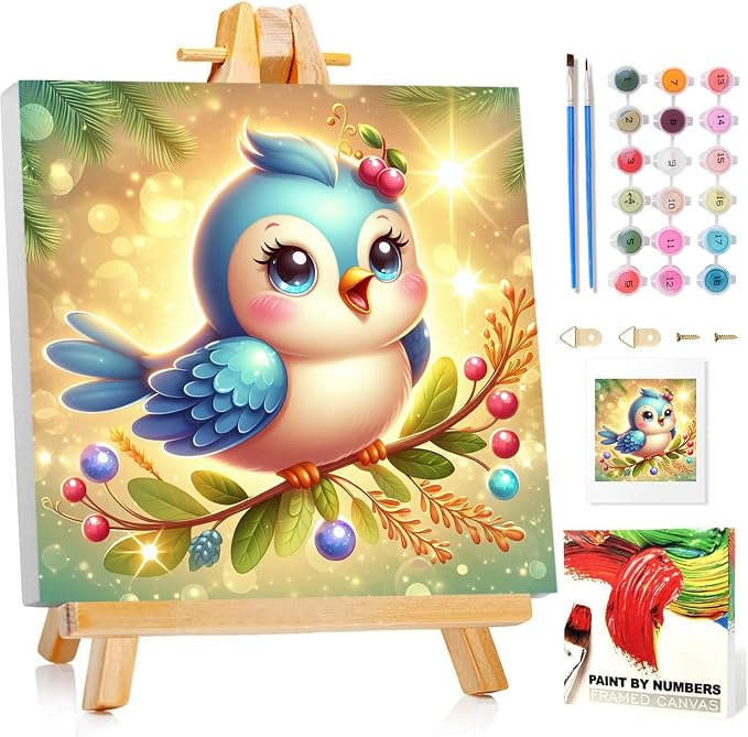 Paint by Numbers Kit for Kids with Frame, Bird Paint by Numbers for Kids Ages 4-8-12, DIY Bird Acrylic Oil Painting for Home Wall Art Decor Gift 7.8x7.8 inch (with Frame Easel)
