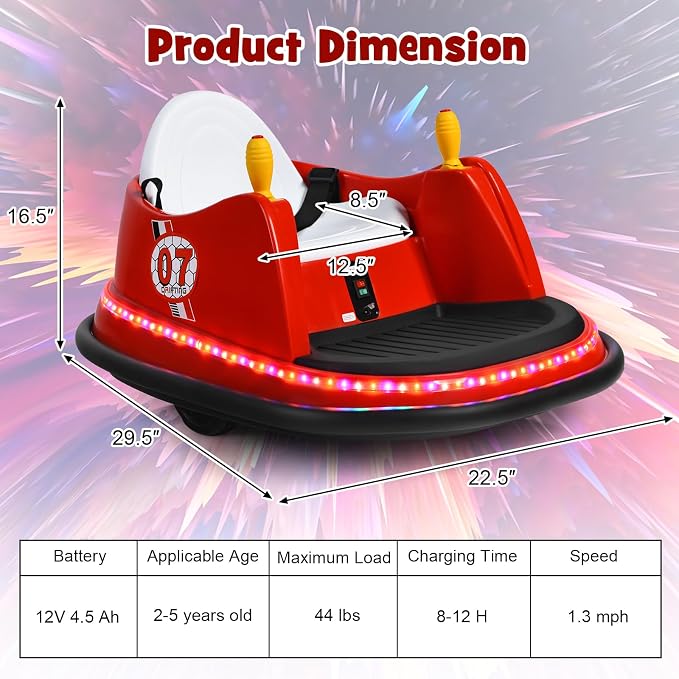 Costzon Bumper Car for Kids, 12V Electric Toddler Bumping Car with Remote Control, Dual Joysticks, 360 Spin, Music, Flashing Lights, Slow Star, Toddler Bumper Car Ride on Toy for Boys Girls Gift (Red)