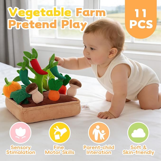 Jollybaby Baby Toys 6-12 Months - Vegetables Garden Plant Plush 11PCS - 6 Month Old Toys Montessori Sensory Toy Mushroom Carrot Boy Girl Gifts Toddler Easter Basket Stuffers