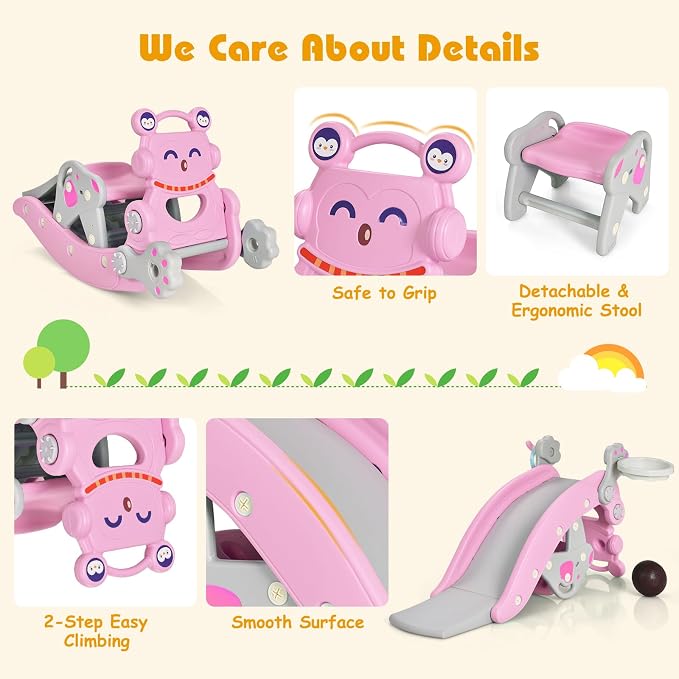 Costzon 5 in 1 Toddler Slide Rocking Toy, Slide for Kids with Detachable Stool, Basketball Hoop and Ring Game, Foldable Climber Playground Slide for Both Indoors Outdoor Use (Pink Penguin)