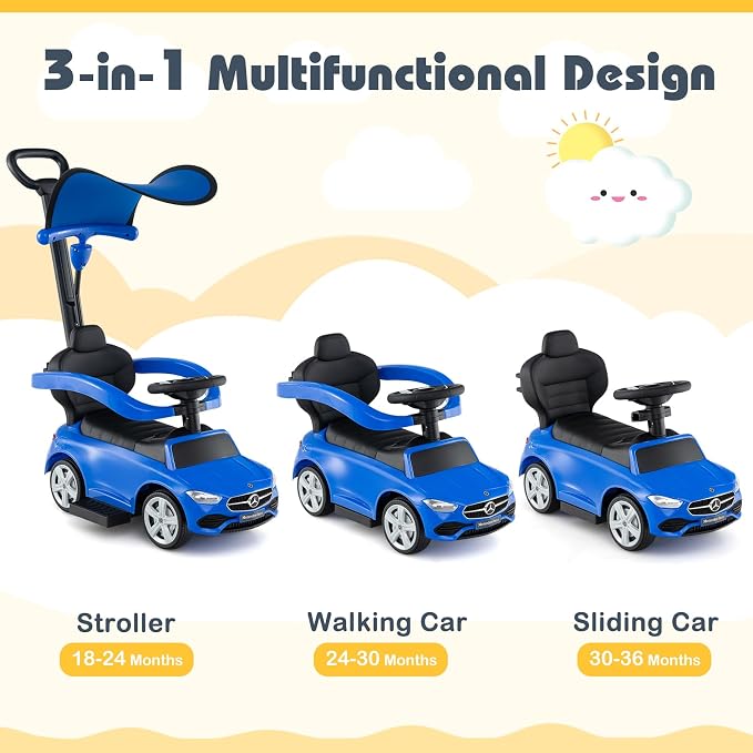 Costzon Push Car for Toddlers, 3 in 1 Mercedes Benz Stroller Sliding Walking Car w/Canopy, Handle, Safety Bar, Horn Sound, Underneath Storage, Foot-to-Floor Ride On Toy for Boys & Girls (Blue)