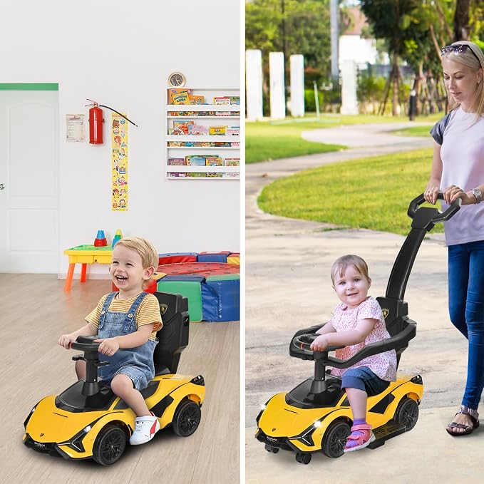 INFANS 3 in 1 Ride on Push Car, Licensed Lamborghini Baby Stroller Sliding Walking with Parent Control Handle, Music, Headlight, Under Seat Storage, Kids Foot-to-Floor Toy for 18-60 Months (Yellow)