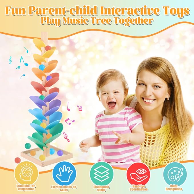 Marble Run Wood Ball Drop Toy for Kids 3-5 Toddlers Wooden Musical Tree Set Ball Run Toys for 4-8 8-12 Years Old Marble Tree Montessori Toys Christmas Birthday Gift (1.1inch Balls)