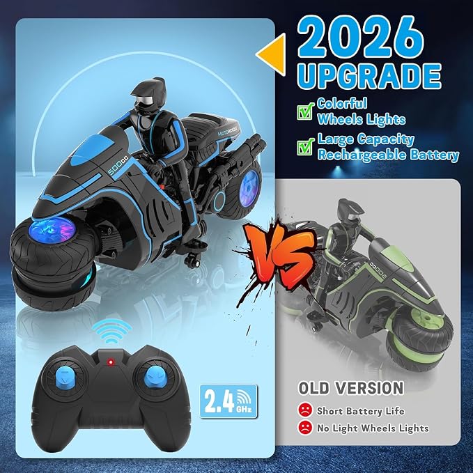 Remote Control Motorcycle Toys, Colorful Wheels Light Off-Road RC Dirt Bike with Detachable Rider, 360 Degree Rotation, High Speed, 2.4Ghz RC Motorbike Gift for Kids 5-12