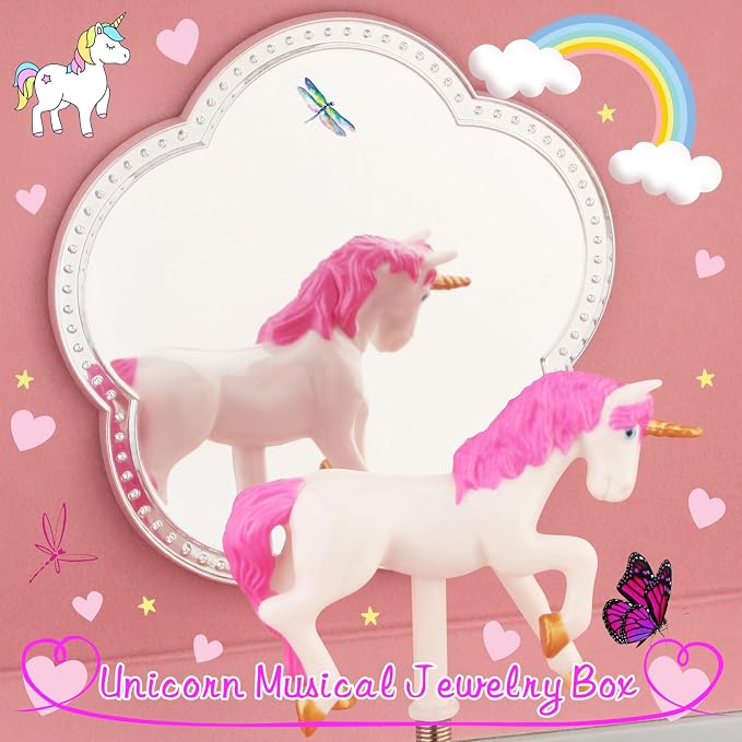 RR ROUND RICH DESIGN Kids Music Jewelry Box with Foil Gold Unicorn Theme Spinning Playback the Tune for Beautiful Dream Song Pink-Green