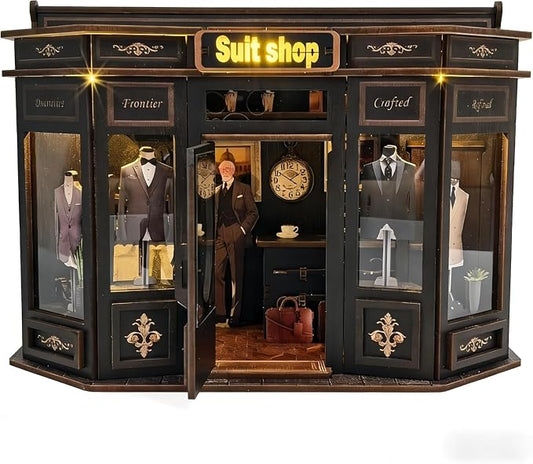 Book Nook Kit LED Wooden Miniature Suit Shop, 3D DIY Dollhouse Assembly Model with Crafted Interior, Creative Hobby Building Set for Adults