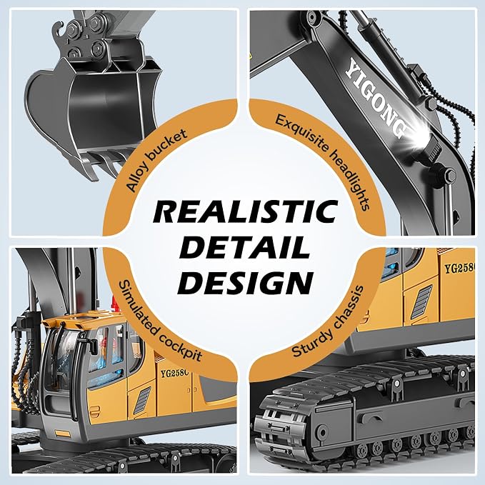 Remote Control Excavator Toy for Boys, 11-Channel Metal Construction Truck with Lights, 2 Batteries, 120-Min Playtime, RC Excavator Toys for Kids Ages 3-12, STEM Gift for Birthday