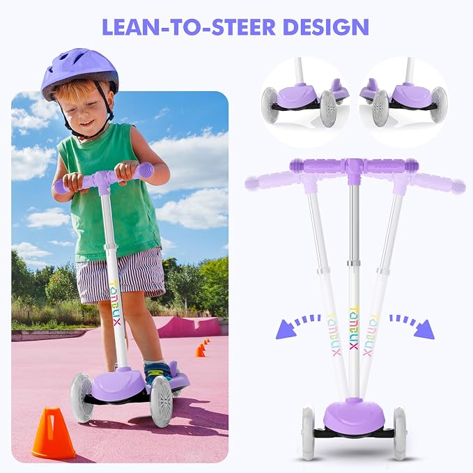 TONBUX Kids Scooter for Ages 3-5, Toddler Scooter with Light-Up Deck and Wheels, Adjustable 4-Level Height 3-Wheel Scooters for Kids, Lean-to-Steer Design