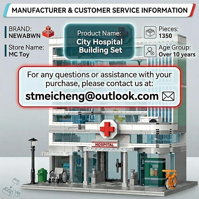 NEWABWN City Hospital Building Set Compatible with Lego, 1350 Pieces Modular 3-Story Medical Center with LED Lighting, Building Set for Adults and Kids Ages 10+, Gift for Boys and Girls