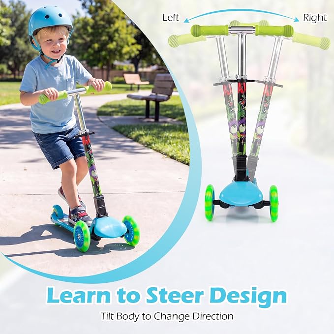 OLAKIDS Kids Kick Scooter with LED Front Wheels, 3-Level Adjustable Handlebars, Lean-to-Steer Design, Rear Foot Brake, Wide Anti Slip Deck, 3-Wheel Scooter for Kids Ages 2-5