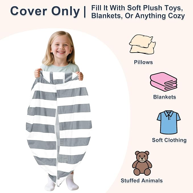 Lukeight Stuffed Animals Storage Bean Bag Chair Cover for Kids and Toddlers, Cozy Velvet Plush Toy Organizer Seat, Cover Only, No Filling Included, Long YKK Zipper, Side Pocket, Large 27 x 16 in