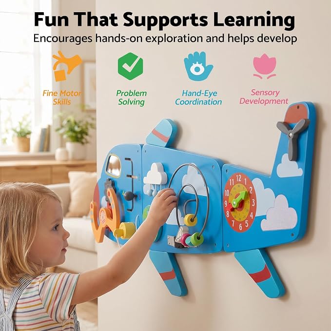 WOODENFUN Wooden Activity Wall Busy Board for Toddlers, 12 in 1 Airplane Montessori Sensory Wall Panel with Bead Maze, Baby Learning Toys for Boys Girls