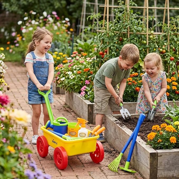 Dimple Kids Garden Wagon and Tool Set 15 Piece Toddler Gardening Playset with Plastic Garden Tools and Wagon Outdoor Play Toys for Yard Beach Sandbox Kids Gardening Kit for Boys and Girls Pretend Play