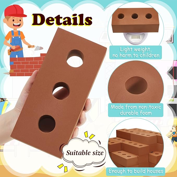 Deekin Foam Brick Building Blocks for Kids Thick Blocks Foam Large Fake Brick Construction Toy for Stacking Construction Gifts, 8 x 4 x 2.4 in(100 Pcs,Circle Holes)