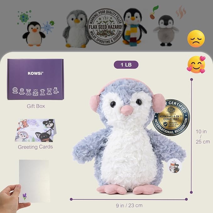 KOWSI® Microwavable Heating Pad Music-Loving Penguin Plush - Weighted Stuffed Animal Tourmaline & Lavender - 1 lb for Long Lasting Cozy Warmth & Relaxation - Includes Gift Box & Greeting Card