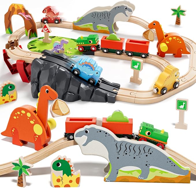 Lehoo Castle Wooden Train Set - Dinosaur Train Set for Toddlers 2-4, Wooden Train Track Railway Playset Toys for 3 4 5 6 Year Old Boys Girls Birthday Gifts