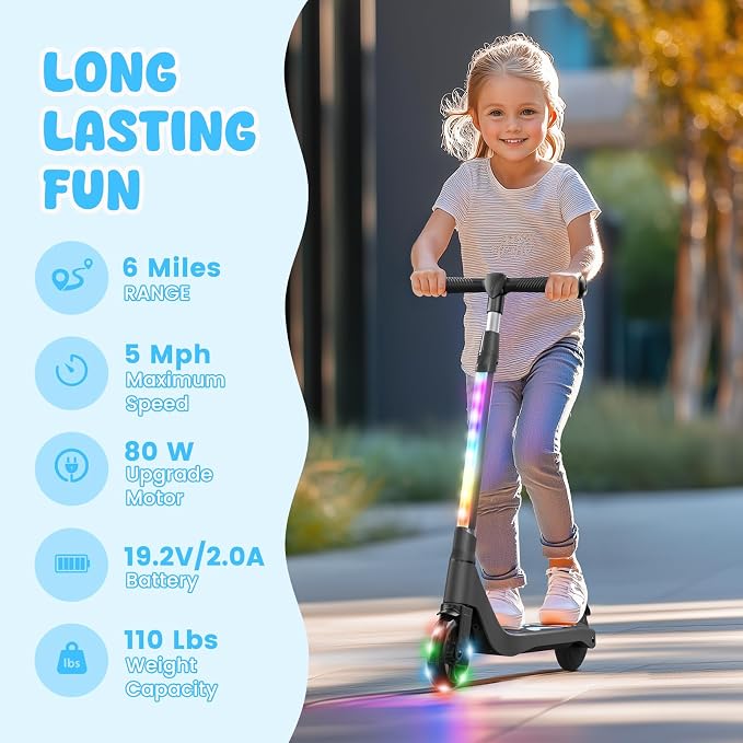 LIEAGLE Electric Scooter for Kids Ages 6-12, LED Light-Up Deck, Kids Scooters with 3 Adjustment Levels Handlebar to 36 Inches High,5.3" Wheel UL Certificated Kick Scooter
