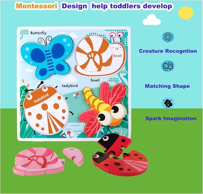 Montessori Toys Puzzle for 18-24 Month, Toddler Educational Wooden Jigsaw, Creature Matching & Sorting & Learning Toys for Ages 2-4