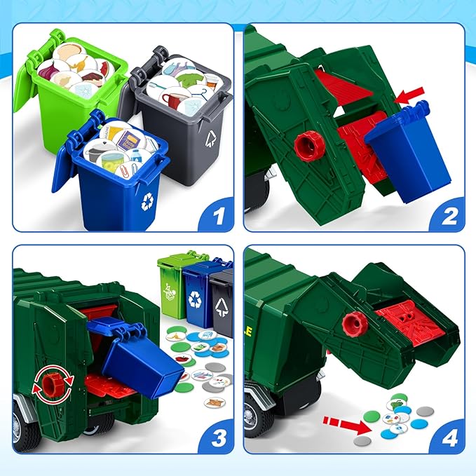 SpringFlower Toy for 3 4 5 6 7 Years Old Boy,15" Large Garbage Truck Toys for Kids,Friction Powered Garbage Truck with Sound and Light, Trash Bins,Learning Cards,Birthday Gifts for Boys & Girls