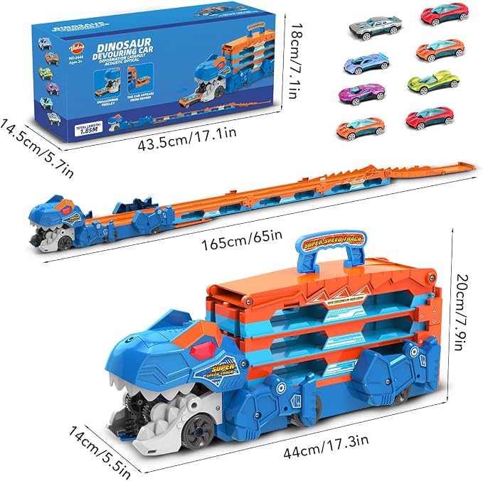VATOS Toddler Truck Toy - Ejection Folding Dinosaur Track, Portable Truck Car with 8 Race Cars, Best Gift Toy Cars Set for Toddlers 3 4 5 6 7 Years Old