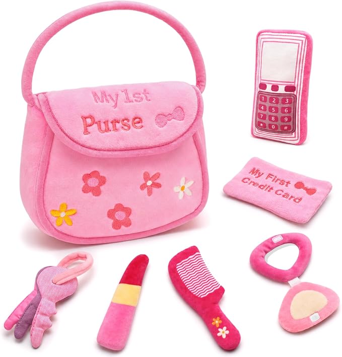 My First Pink Purse Plush, Baby Purse Set with 6 Pcs Makeup Plushies for Toddlers, First Birthday Gifts for Girls