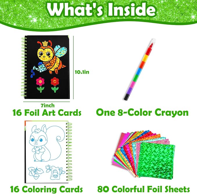 FUNNYB&G Foil Art Craft Kit for Kids 4-10 Years Old: Mess-Free & No-Glue, Create 16 Sparkly Going Green Pictures – Perfect Travel Toy & Birthday Gift for Kids (Going Green)