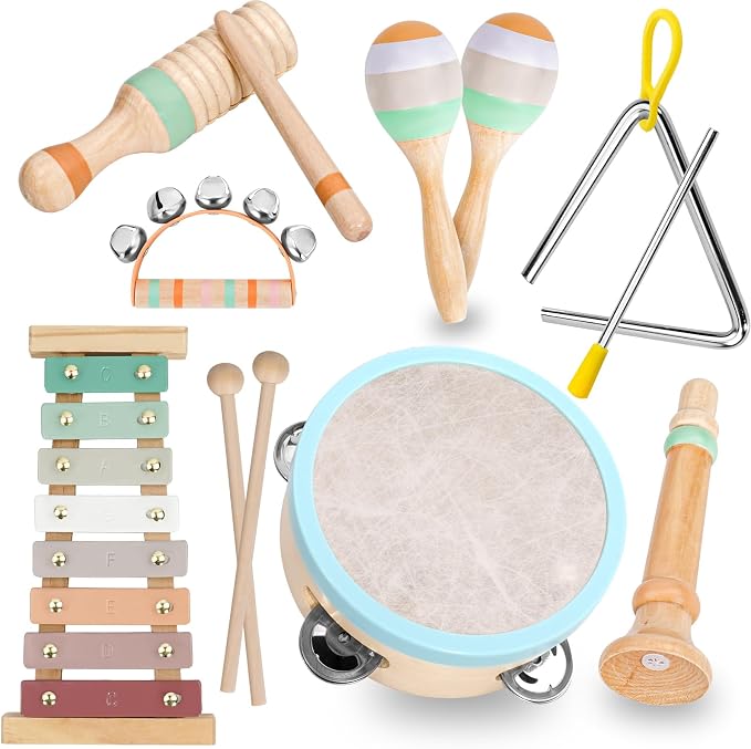 Raimy Kids Musical Instruments Set, Neutral Colors Wooden Montessori Toys | Percussion Instruments Set with Modern Boho Xylophone | Birthday Gifts for Baby Toddlers Boys Girls with Storage Bag